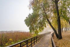 人行桥关闭的第聂伯河河的纳塔卡公园基辅乌克兰在多雾的秋天一天