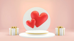 心形状浮动的白色油缸讲台上和白色礼物盒子旁边呈现为情人节一天插图