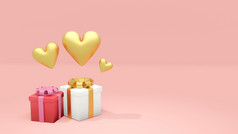 礼物盒子与黄金心粉红色的背景为情人节rsquo一天呈现插图