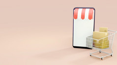 空白智能手机屏幕附近的购物车哪一个完整的盒子呈现插图在线购物概念