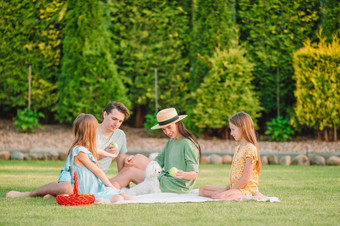 年轻的家庭有有趣的的野餐公园快乐家庭野餐的公园阳光明媚的一天