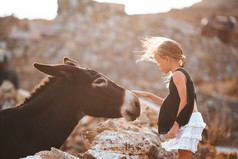 小女孩抚摸驴的希腊岛小女孩与驴的岛米克诺斯