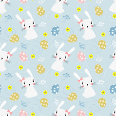可爱的白色兔子和复活节鸡蛋无缝的模式可爱的兔子复活节背景