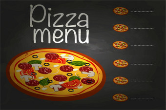 披萨菜单黑板卡通背景与新鲜的成分向量插图