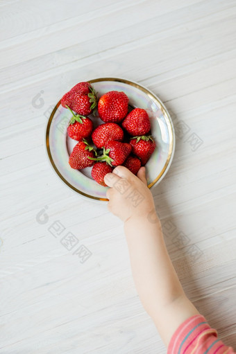 手孩子与草莓乡村背景板草莓的概念夏天健康的吃视图从以上公寓手孩子与草莓乡村背景板草莓