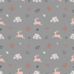 可爱的圣诞节无缝的模式鹿与野花柔和的情绪向量插图