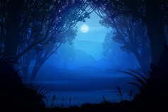 自然森林山和流日出和日落光月亮景观壁纸插图向量风格色彩斑斓的语气背景