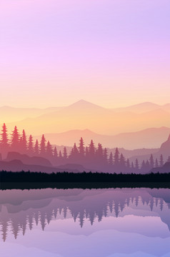 自然森林自然松森林山地平线景观壁纸日出和日落插图向量风格色彩斑斓的视图背景
