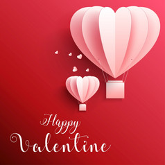 向量插图快乐情人节一天问候卡与现实的纸减少心形状飞行热空气气球红色的背景