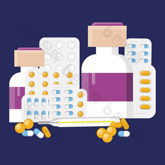 药物治疗药物医学药丸药店药物瓶和抗生素药物处方止痛药健康商店孤立的插图