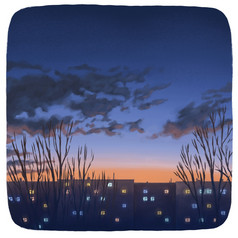 手画色彩斑斓的景观晚上城市数字绘画美丽的日落自然艺术背景石油绘画风格为卡打印海报图片擦插图壁纸