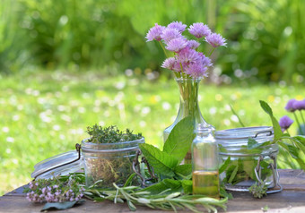 叶芳香植物与玻璃Jar和石油瓶<strong>安排表</strong>格花园