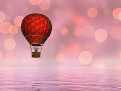 一个红色的古董热空气气球在水散景背景渲染