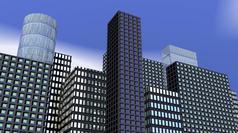 许多强大的建筑和摩天大楼早....蓝色的光现代建筑渲染
