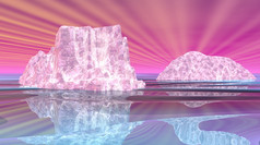 两个粉红色的和白人冰山与美丽的反映水和粉红色的天空与射线幻想冰山渲染