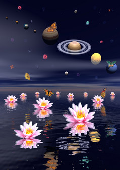行星的太阳能系统包围几个星云行星和飞行蝴蝶在的海洋覆盖与莲花花Zen晚上场景渲染