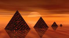 四个照亮金字塔镜子多雾的日落幻想金字塔渲染