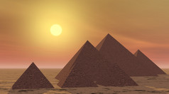 三个大和三个小美丽的金字塔与他们的阴影的沙漠日落和橙色天空埃及金字塔日落渲染