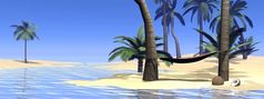 吊床之间的两个棕榈树热带海滩美丽的天气放松渲染