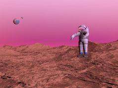 第一个宇航员走3地球和看到的地球和月亮的粉红色的背景
