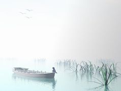 蓝色的鸟小木船独自一人到的水下一个草白色一天木船渲染
