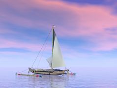 单trimaran船浮动的水粉红色的日落trimaran船日落渲染