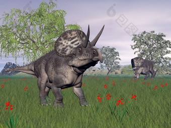 两个祖尼切拉托恐龙站的草与红色的花灰色一<strong>天</strong>祖尼切拉托恐龙自然渲染
