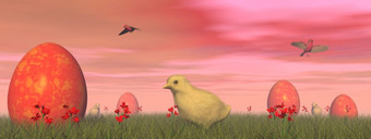 复活节鸡蛋和可爱的黄色的小鸡的草红色的多云的一天复活节红色的鸡蛋渲染