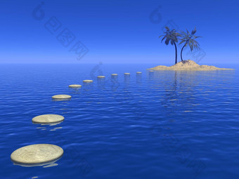 步骤道路在水不错的岛与棕榈树蓝色的一天步骤成假期渲染