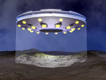 <strong>UFO</strong>着陆Desertic土地晚上渲染
