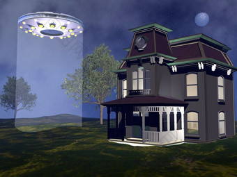 UFO着陆下一个房子晚上渲染