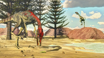 秀颌龙恐龙尝试吃青蛙的沙漠与calamite树一天渲染秀颌龙恐龙渲染