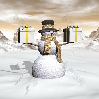 雪人持有两个大礼物而站的雪冬天日落渲染雪人持有两个大礼物渲染