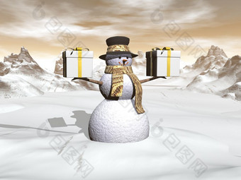 雪人持有两个大礼物而站的雪冬天日落渲染雪人持有两个大礼物渲染