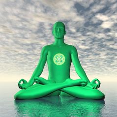 轮廓男人。冥想与绿色阿纳哈塔心脉轮象征在海洋多云的背景渲染绿色阿纳哈塔心脉轮冥想渲染