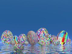 许多色彩斑斓的复活节鸡蛋概念蓝色的时尚的颜色背景渲染许多色彩斑斓的复活节鸡蛋概念渲染
