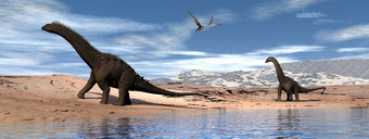 阿拉莫龙恐龙走和平下一个湖和下quetzalcoatlus飞行渲染阿拉莫龙恐龙走附近的湖渲染
