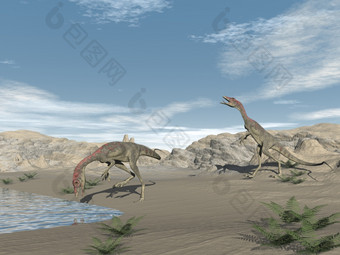 两个<strong>秀</strong>颌龙恐龙走和渴了的沙漠看为水一天渲染<strong>秀</strong>颌龙恐龙的沙漠渲染