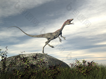 秀颌龙恐龙站岩石多云的一天渲染秀颌龙恐龙站岩石渲染