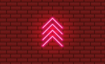 <strong>四个</strong>霓虹灯发光箭头指出方向光粉红色的图标晚上红色的砖墙背景古董复古的向量标志