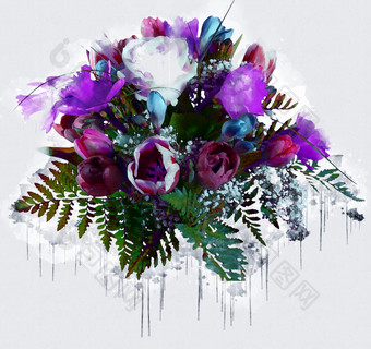 花束色彩斑斓的花美丽的豪华的花画水彩风格艺术李子开花花插图摘要帆布绘画完整的浪漫使用为婚礼装饰