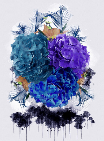 蓝色的紫色的紫罗兰色的花束花美丽的豪华的<strong>花画</strong>水彩风格艺术李子开花花插图摘要帆布绘画完整的浪漫婚礼装饰