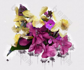 粉红色的黄色的紫色的花美丽的豪华的花画水彩风格艺术李子开花花插图摘要帆布绘画完整的浪漫使用为婚礼装饰