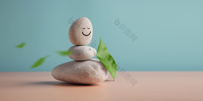 享受生活和谐和积极的心概念堆栈稳定的卵石石头与微笑脸卡通和叶宁静平衡身体心灵魂和精神精神健康实践