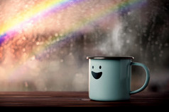 幸福和积极的心精神健康概念享受咖啡与微笑脸卡通模糊雨与彩虹外视图微笑多雨的一天