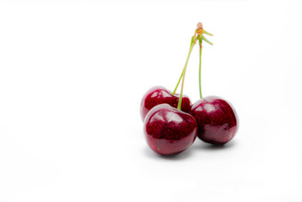红色的樱桃与茎孤立的白色背景成熟的红色的甜蜜的樱桃甜蜜的和多汁的有机樱桃新鲜的水果为夏天甜点抗氧化剂食物健康的零食