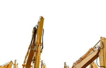 黄色的反铲与液压活塞手臂孤立的白色重机为挖掘建设网站液压机械巨大的推土机重机行业机械工程