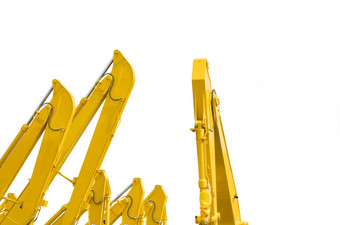 黄色的反铲与液压活塞手臂孤立的白色重机为挖掘建设网站液压<strong>机械</strong>巨大的推土机重机行业<strong>机械</strong>工程