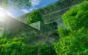 环保建筑与垂直花园现代城市绿色树森林可持续发展的玻璃建筑节能体系结构与垂直花园办公室建筑与绿色环境