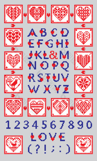 爱字母和数字的少数民族风格与传统的民间传说字符十字绣插图爱字母和数字的少数民族风格